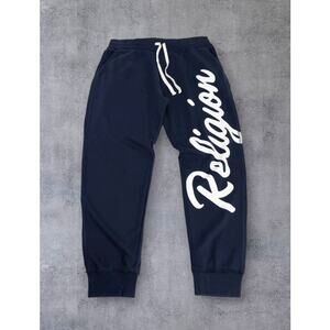 True Religion Mens Joggers Navy Blue Printed Logo on Leg SZ XL